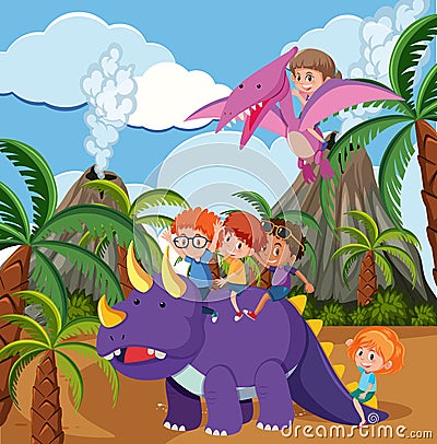 Children riding dinosaur in prehistoric scene Vector Illustration