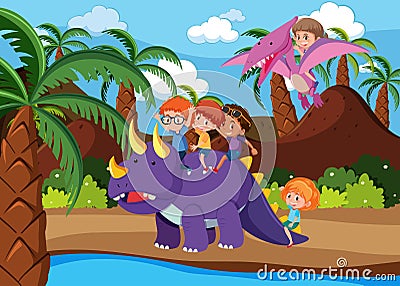 Children riding dinosaur scene Vector Illustration