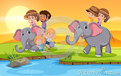 Children riding elephant in anture Vector Illustration