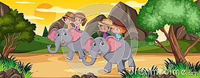 Children riding elephant in nature Vector Illustration