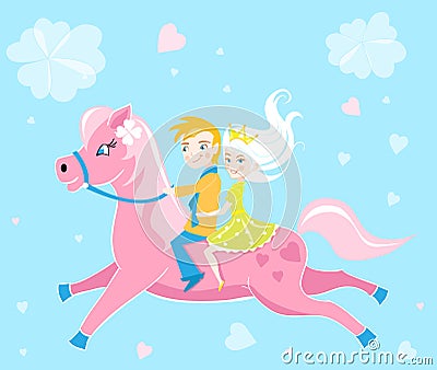 Children riding pony card - Cartoon Illustration