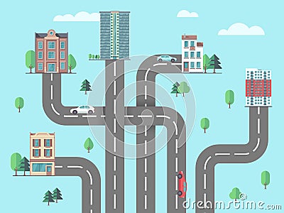 Children road map. Suburb or city, urbanization concept. Top view highway to buildings, car driving to home flat vector Vector Illustration