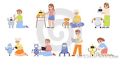 Children and robots, happy kids modeling robot and projecting mechanical toys. Little girl boy creating and programming Vector Illustration