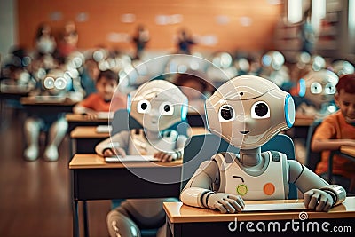 Children and robots at school. Elementary age pupils in class. Elementary age robots and small children sitting in class Stock Photo