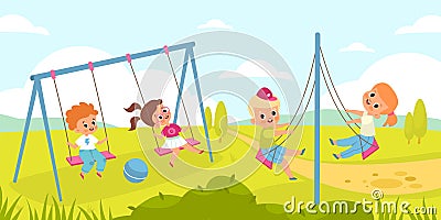 Children rope swings. Funny kids play outdoor, fly back and forth different types seesaws, boys and girl activity on Vector Illustration