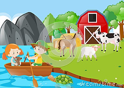 Children rowing boat in the farmyard Cartoon Illustration