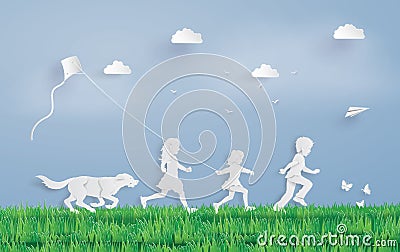 Children running field Vector Illustration