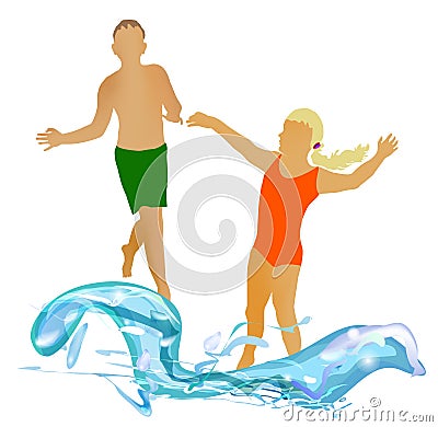 Children running in the summer to water Vector Illustration