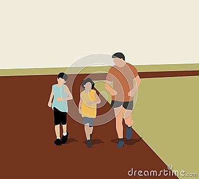 Children running on track at stadium with coach. Outdoor activity, sport, Stock Photo