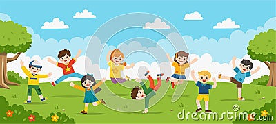Children`s activities. Happy children are jumping on the park. Vector Illustration
