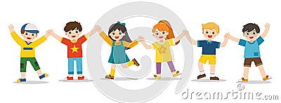 Children`s activities. Happy kids jumping together on the background. Boys and girls are playing together happily. Vector Vector Illustration