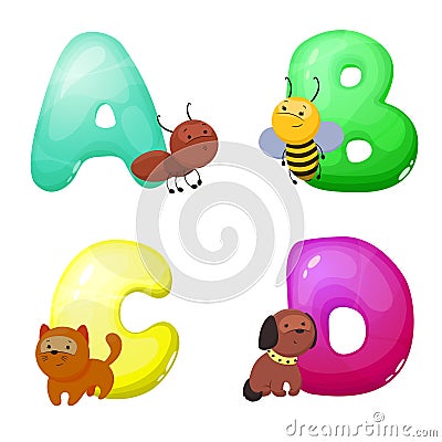 Children`s alphabet with animals. The letters A B C D. Children`s educational toy. Pre-school education. A poster in the Vector Illustration