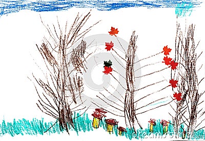 Children`s autumn trees, drawing pencil Stock Photo