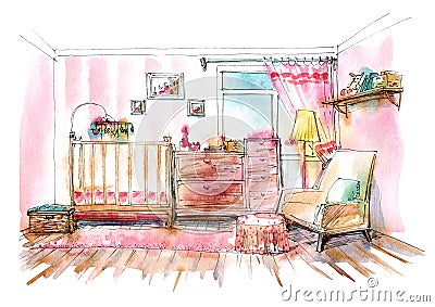 Children`s bedroom. Interior of a room newborn girl. Cartoon Illustration