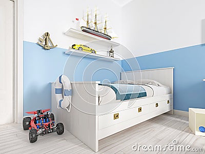 Children`s bedroom with a white bed in the room and a shelf with Stock Photo