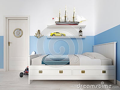 Children`s bedroom with a white bed in the room and a shelf with Stock Photo