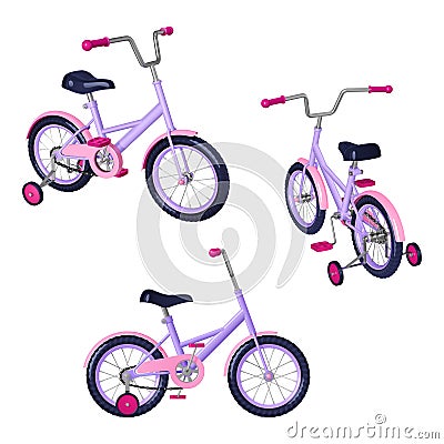 Children`s bicycle with detachable training wheels, pink - purple colors Vector Illustration