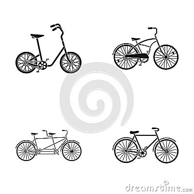 Children`s bicycle, a double tandem and other types.Different bicycles set collection icons in black style vector symbol Vector Illustration