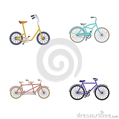 Children`s bicycle, a double tandem and other types.Different bicycles set collection icons in cartoon style vector Vector Illustration