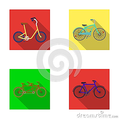 Children`s bicycle, a double tandem and other types.Different bicycles set collection icons in flat style vector symbol Vector Illustration