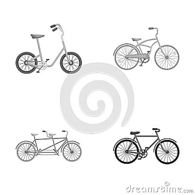 Children`s bicycle, a double tandem and other types.Different bicycles set collection icons in monochrome style vector Vector Illustration