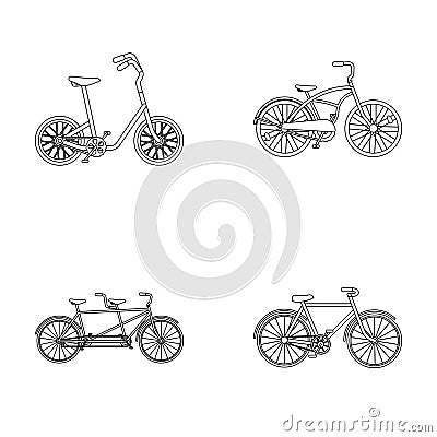 Children`s bicycle, a double tandem and other types.Different bicycles set collection icons in outline style vector Vector Illustration