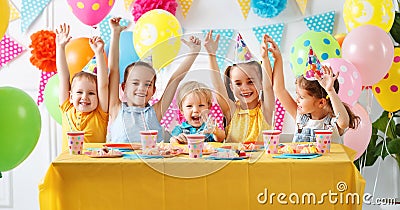 Children`s birthday. happy kids with cake Stock Photo