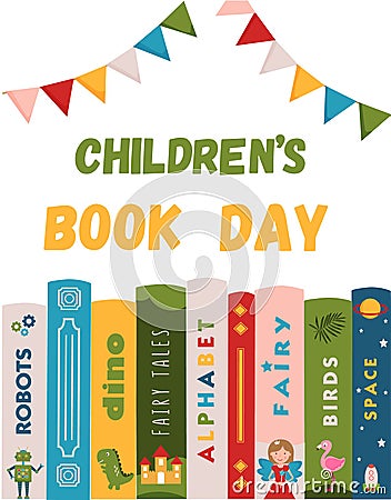 Children's book day poster for advertising. Vertical poster for kids book day with different books for children. Advertising Vector Illustration