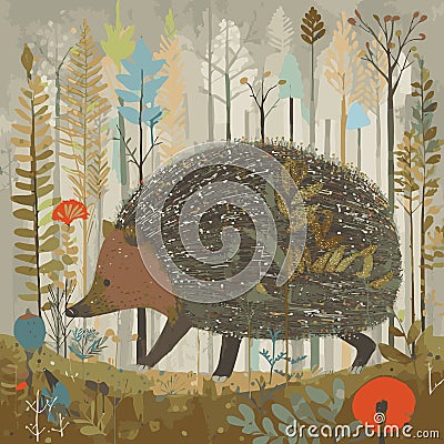 Storybook Folk Art Style Hedgehog in a Forest Clearing with Flowers, Leaves, Trees, and Other Natural Elements. Vector Art. Vector Illustration