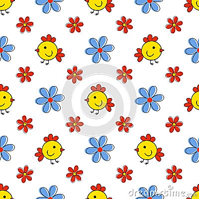 Children s bright endless pattern with chickens and flowers Vector Illustration