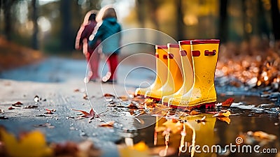 Children's bright rubber boots near a puddle on an alley in the park Stock Photo
