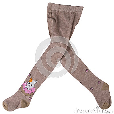 Children`s brown tights, as if walking, with a pattern of a kitten, on a white background, isolate Stock Photo