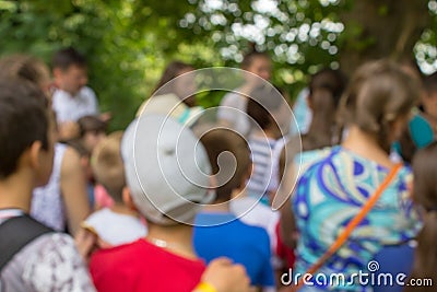 Crowds of children blurred,children`s camp in the summer, children of school age in the camp are blurred background Stock Photo