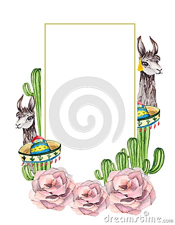 A children`s card with green juicy cacti, pink stone flowers, gray fluffy alpacas and Mexican chili hats with space for text. Holi Cartoon Illustration