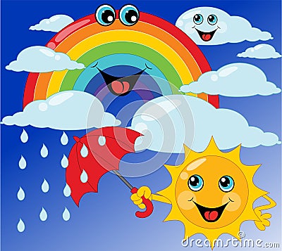 Children's card sun, rainbow, umbrella, cloud Vector Illustration