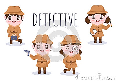 Children`s Cartoon Private Investigator or Detective Who Collects Information to Solve Crimes with Equipment in Illustration Vector Illustration