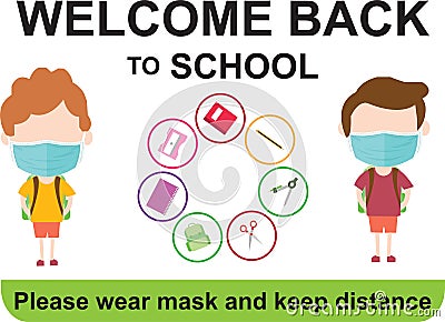 Children`s cartoons welcome back to school, keep their distance and wear masks, vector illustrations for the post covid-19 Vector Illustration