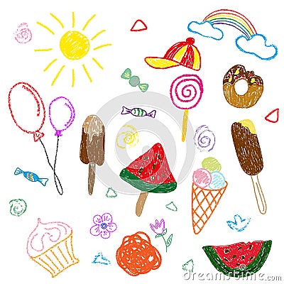 Children s color drawings in pencil and chalk on the theme of summer and sweets. Separate elements on a white background Cartoon Illustration