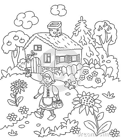 Children`s coloring, Charles Perrault`s fairy tale, Little Red Riding Hood, coloring for children Stock Photo