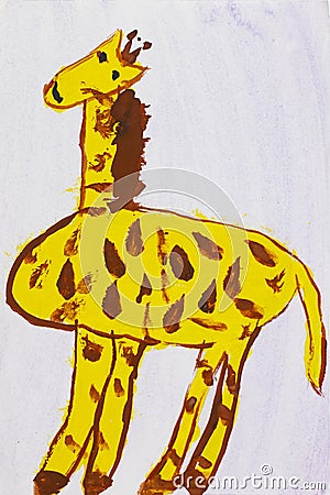 Big yellow giraffe. Real drawing of a small child. Gouache drawing. Stock Photo