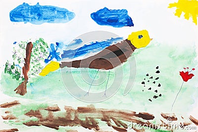 Bird in the meadow. Real drawing of a small child. Drawing by watercolor. Stock Photo