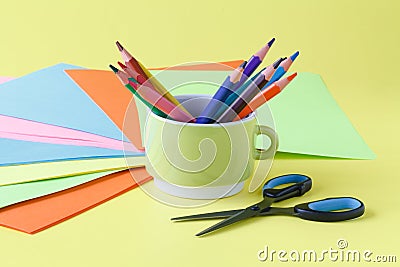Children`s creativity, pencils, scissors, colored paper, there i Stock Photo