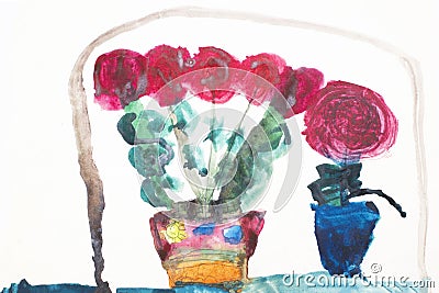 Red roses in pots. Real drawing of a small child. Drawing by watercolor. Stock Photo