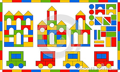 Children s Designer. Multicolored building kit. Developing game for children. Buildings and vehicles from simple blocks. Flat brig Cartoon Illustration