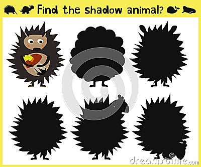 Children's developing game to find the appropriate shade of the forest hedgehog. Vector Cartoon Illustration