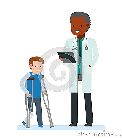 Children`s doctor. The boy with a plastered leg and crutches next to the doctor. Illustration on a white background. Vector Illustration