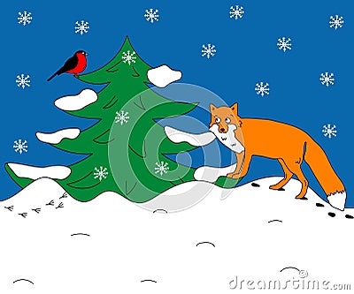 Children`s doodle winter illustration where the fox and bullfinch in the winter snow forest Vector Illustration