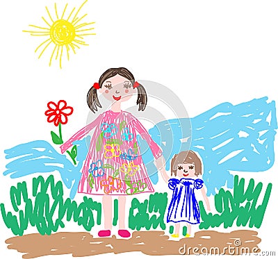 Illustration in the style of children`s drawing. Mother and daughter are walking Stock Photo