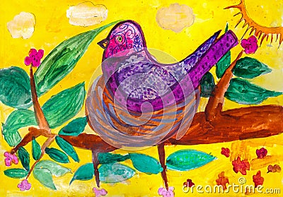 Children`s drawing. bird sitting in nest on tree branch Stock Photo