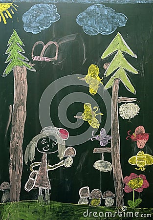 Children`s drawing on the blackboard Stock Photo